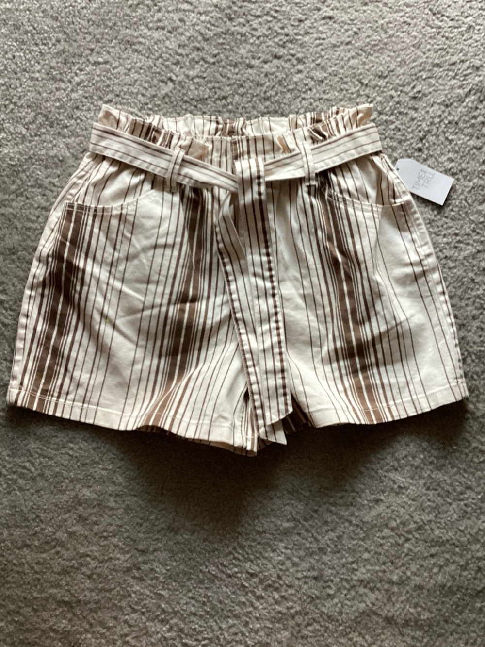 Time and Tru High-Waist Striped Shorts in Cream and Brown